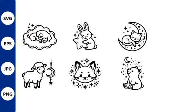 Download Six Cute Sleeping Animal Line Art Vector - Animal Collection