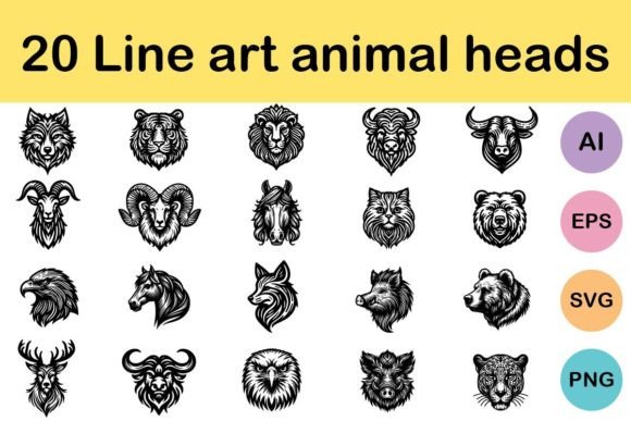Download 20 Line Art Animal Heads - Animal Collection